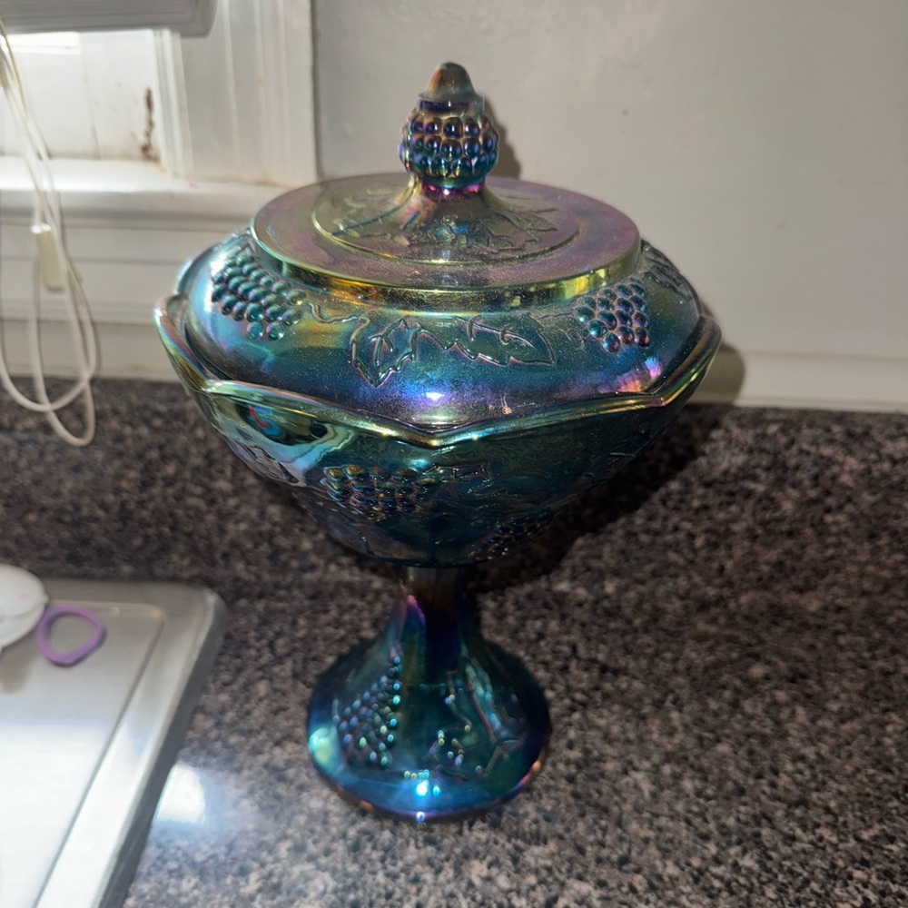 Vintage Indiana Glass Blue Carnival Harvest Grape Pedestal Compote Made in USA - Picture 2 of 5